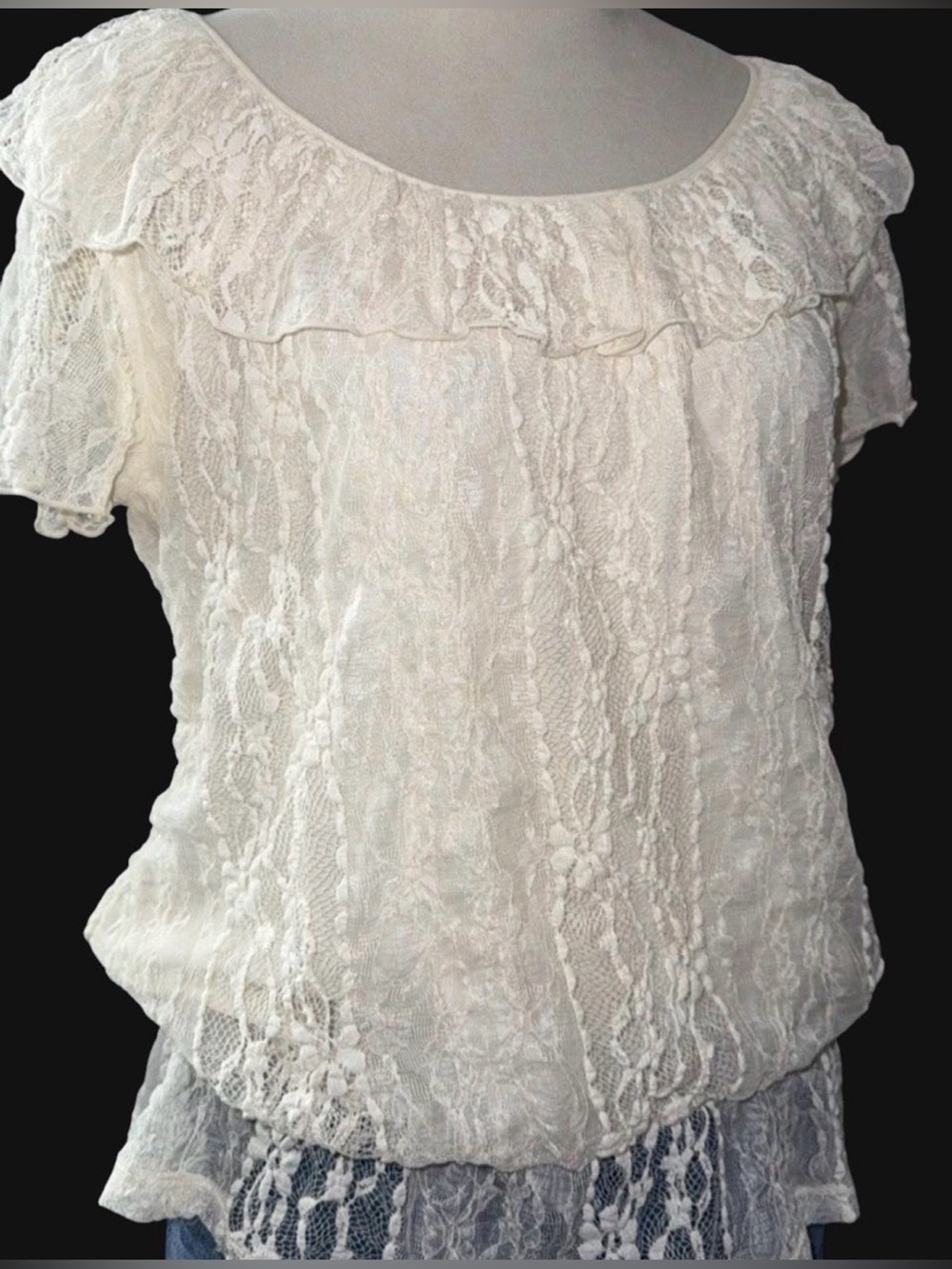Style & Co. Ivory Lace Ruffle Short Sleeve Blouse